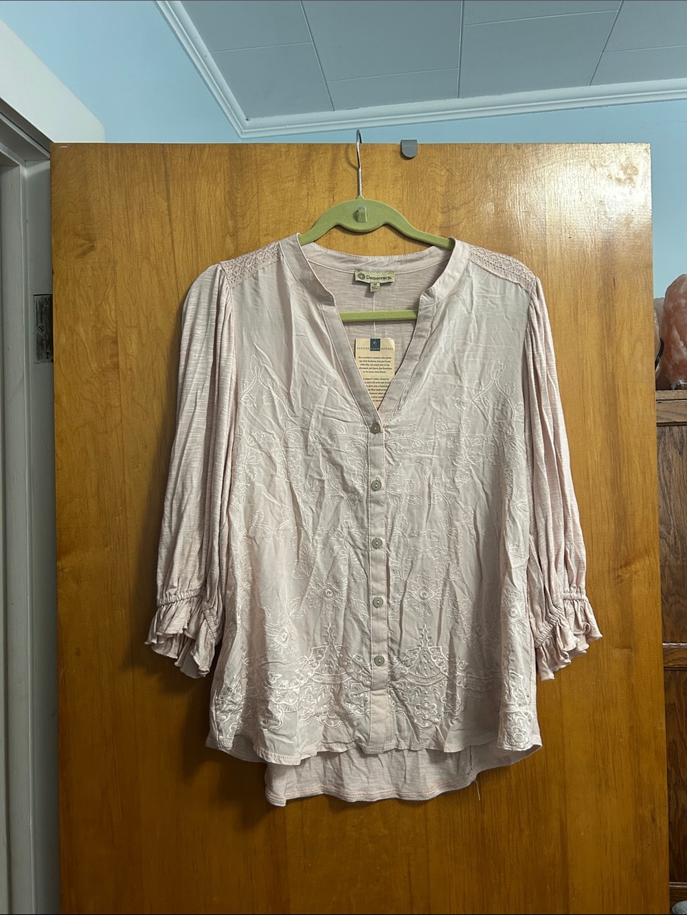 Democracy Light Pink Embroidered Button-Front Blouse